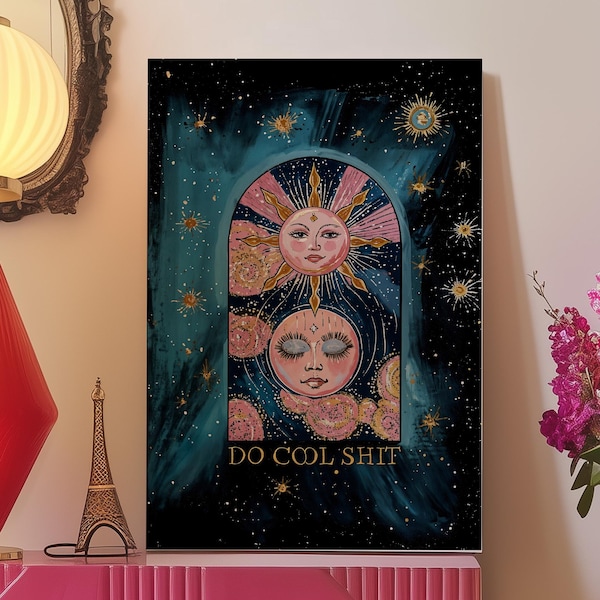 魔女の太陽と月のキャンバスプリント：ボヘミアン風天体ウォールアート