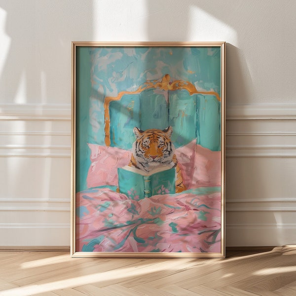 Tiger Poster, Teal Art Print, Maximalist Decor, Eclectic Wall Decor, Bathroom Decor, Trendy Apartment Decor, Trendy Painting, Wall Decor