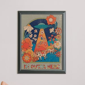 Psychedelische 70er Jahre inspirierter Kunstdruck, Retro Abstrakte Wanddekoration, Groovy Boho Vintage Style Poster, Trippy Psychedelisches UFO Kunstdruck