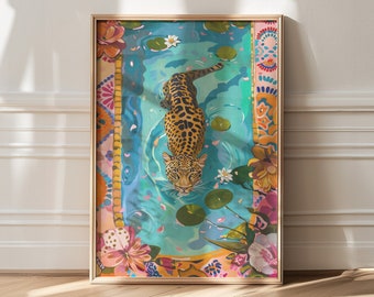 May include: A framed painting of a jaguar swimming in a pool of water with colorful flowers and patterns surrounding it.