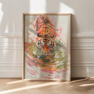 Abstract Wall Decor, Tiger Painting, Maximalist Decor, Soft Warm Colors Decor, Sage Green Wall Art, Large Wall Art Print, Colorful Tiger Art