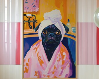 May include: A black pug wearing a pink robe and a white towel on its head is featured in a painting hanging on a wall with pink and white striped tiles. The bathroom also features a white bathtub, a pink towel, a pink vanity, and a green tiled floor.