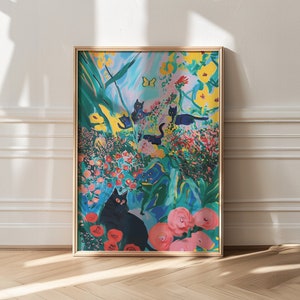 Decoración maximalista, decoración ecléctica de la pared, cartel de gato negro, impresión de arte, arte abstracto, decoración de apartamentos de moda, pintura de moda, impresión de arte floral