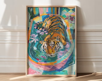 Colorful Tiger Art Print: Maximalist Bathroom Wall Decor