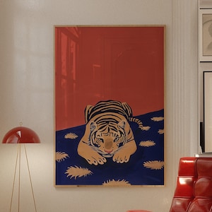 Impresión de tigre, cartel de los años 70, decoración retro del dormitorio, decoración del tigre, decoración moderna de mediados de siglo, arte de la pared del tigre, impresión de la habitación del dormitorio, arte de moda