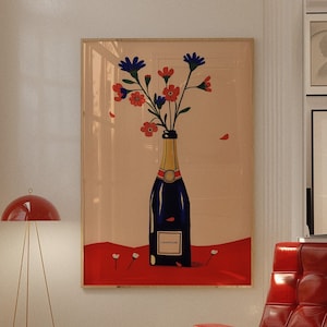 Bar Cart Decor, Champagne Print, 70s Poster, Cocktail Wall Art Retro Dining Room Decor, Mid Century Modern Decor, Dining Room Art Print