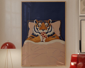 Tiger Eating Pizza Poster: Retro 70s Navy Blue Wall Art - Etsy