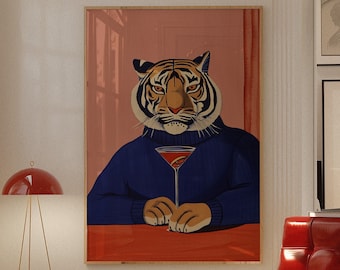 Tiger Eating Pizza Poster: Retro 70s Navy Blue Wall Art - Etsy