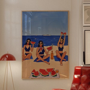 Dekoracja domu na plaży, nadruk Martini, plakat z arbuzem, wystrój kuchni retro, wystrój Mid Century Modern, sztuka ścienna koktajlowa, nadruk do jadalni