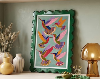 Hummingbird Art Print: Colorful Tropical Folk Illustration, Maximalist Boho Gallery Wall