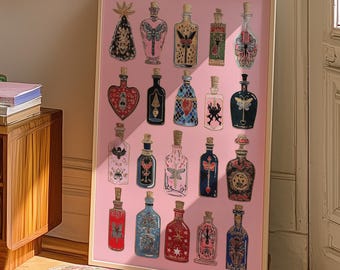 Wall Art, Whimsical Potion Bottle Print: Eclectic Pink Home Decor