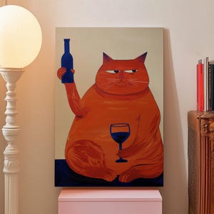 ウォールアートキャンバス、面白い猫のプリント、ワイン愛好家の装飾、マキシマリストアート、バーカートの美学、遊び心のあるドーパミンの装飾、風変わりなキッチンウォールアート