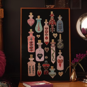 Wandkunst, Witchy Potion Flasche Print, Dark Academia Decor, Gothic Pink Magic Art, Okkultes Herz Flaschen, Alternative Maximalist Poster