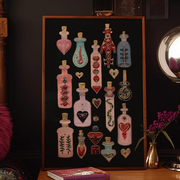 魔女のポーションボトルアートプリント：ゴシックダークアカデミアの装飾