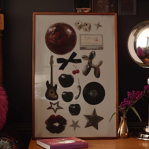 Arte murale, poster Indie Y2K, stampa cane palloncino, arte retrò con musicassetta, arredamento per la stanza di una ragazza cool, stampa murale estetica pop, regalo per gli amanti della musica