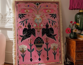 Wall Art, Esoteric Occult Poster, Mystical Moon Goddess Print, Celestial Crow Decor, Surreal Pink Aesthetic, Folk Art Magic Symbolism
