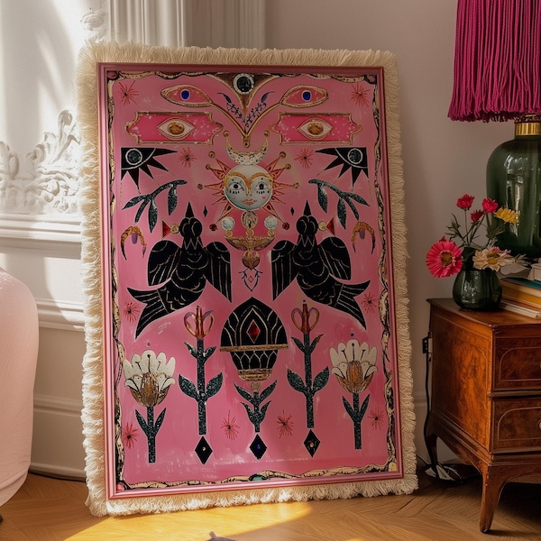 Wall Art, Mystical Moon Goddess Print: Esoteric Crow Decor, Surreal Pink Folk Drawing