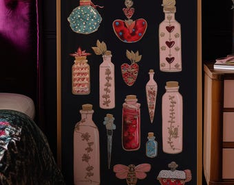 Wall Art, Pink Apothecary Potion Bottle Print: Witchy Cottagecore Wall Decor