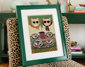 Retro Coffee Cats Art Print, Funny Kitchen Decor