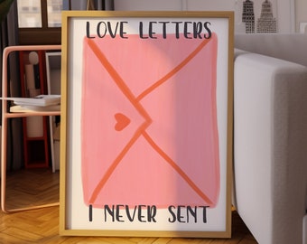 Puede incluir: Una impresión enmarcada con un diseño de sobre rosa y el texto "LOVE LETTERS I NEVER SENT".
