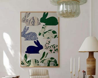 Abstracte print konijntjessilhouet: Japanse groene en blauwe minimalistische kunst