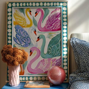 Wall Art, Maximalist Decor, Colorful Swan Print, Whimsical Dopamine Bird Poster, Maximalist Kitchen Decor, Nursery Art, Living Room Decor
