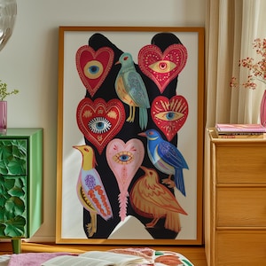 Folk Art Bird Print: Mystical Eye Heart Poster, Surreal Maximalist Decor