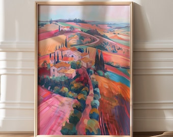 Colorful Tuscan Landscape Art Print: Eclectic Mountain Home Decor