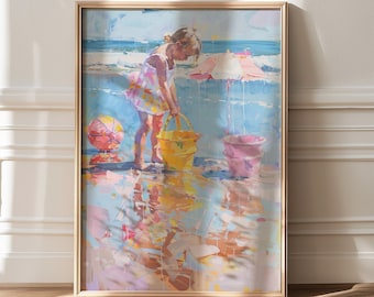 Impression de plage : fille avec des seaux, art mural côtier