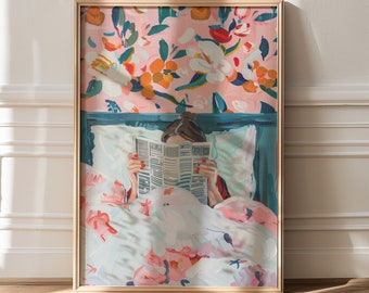 Girly Bedroom Art Print: Maximalist Floral Woman Reading