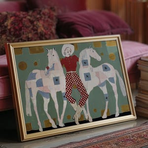 Modern western art print featuring a stylish cowgirl in a white hat and red polka dot outfit posed between two white patchwork horses. Soft sage green background with gold geometric accents and quilt-like horse patterns create a chic, editorial equestrian vibe. Perfect for contemporary western decor, ranch house interiors, cowgirl chic bedrooms, offices, and giftable horse lover wall art.