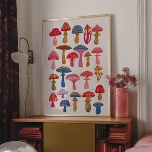 Arte mural, estampado de hongos coloridos, póster de arte popular caprichoso, decoración psicodélica de los años 70, arte ecléctico para cocina, dormitorio y sala de estar.