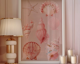 Estampado de estrella de mar con conchas marinas: Arte de pared estilo cottagecore costero rosa
