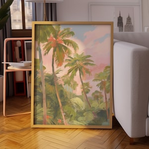 Arte de pared boho, decoración ecléctica, dibujo de palmera, dibujo de puesta de sol, decoración de casa de verano, decoración tropical, cartel rosa de moda, dibujo del océano