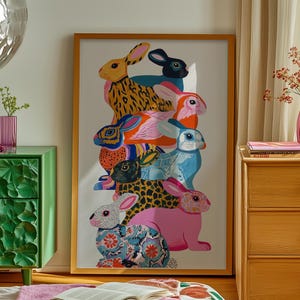 Arte murale, stampa di un coniglietto colorato, poster di un coniglio pop art, arredamento massimalista della dopamina, arredamento per dormitori preppy, arte murale per la cameretta dei bambini, camera da letto eclettica