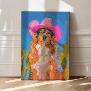 Hund mit Cowboyhut, Cowgirl Wohnkultur, Preppy Hund Kunst, Trendy Cowgirl Kunst, Western Girly Dekor, Preppy Wand Kunst Dekor, trendige Kunst