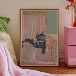 Arte murale, Arte del gatto massimalista, Decorazione della dopamina, Stampa del carrello del bar, Gatto nero che beve vino, Estetica della camera da letto femminile, Decorazione della parete della camera da letto glamour