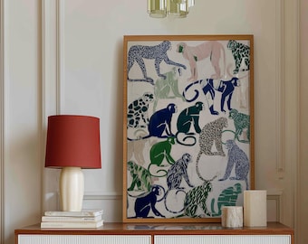Monkey Jungle Animal Art Print: speelse kinderkamer, maximalistisch decor