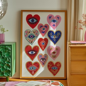 Arte mural, impresión de corazón y ojo, póster vintage de los años 70, decoración bohemia mística, arte mural maximalista en rojo, rosa y dorado, impresión surrealista y colorida.
