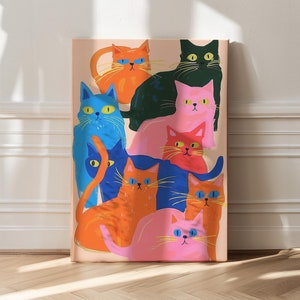 Bunte Katze Leinwand, Maximalist Wandkunst, rosa Katze Leinwand, Dopamin-Dekor, trendige Bar Warenkorb Dekor, Katzen-Dekor, Maximalist-Dekor, Wandkunst