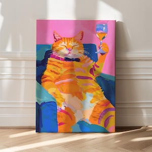 Maximalistische Wandkunst, orange Katzenleinwand, Dopamin-Dekor, Barwagen-Dekor, Katzen-Dekor, rosa Kitsch-Ästhetik, Preppy-Wandkunst, Champagner-Kunst