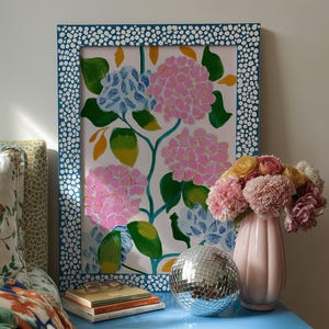 Wall Art, Hydrangea Flower Botanical Print, Cottagecore Floral Painting, Pastel Garden Decor, Feminine Bedroom Accent, Living Room Decor