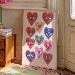 Arte de pared, estampado de corazón y ojo, póster bohemio colorido, decoración de arte popular de los años 70, arte de pared para dormitorio, decoración de dormitorio femenino, arte infantil caprichoso