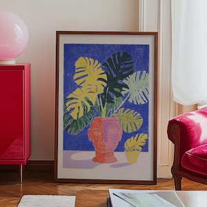 ウォールアート、デンマークのパステル装飾、熱帯植物アート、モンステラの葉の装飾、大胆なブルーのウォールアート、マキシマリストのホームデコレーション、プレッピーなバーカートアート