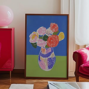 Arte de pared, estampado de florero colorido, decoración de cocina danesa en tonos pastel, arte moderno de naturaleza muerta, arte de pared para comedor, decoración de dopamina, hogar preppy