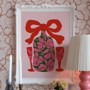 Sztuka ścienna, nadruk na butelce szampana, dekoracja wózka barowego Preppy, sztuka różowo-czerwono-zielona, plakat z kwiatowym koktajlem, sztuka prezentu Coquette, wydruk na ścianę na imprezę