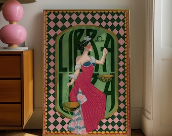 May include: A framed Libra zodiac art print. The artwork features a woman in a red dress holding scales, set against a green and pink diamond pattern. The word "Libra" is prominently displayed.