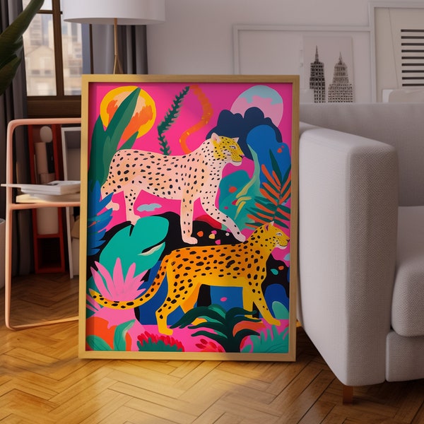 Maximalistische kunst, neonroze decor, luipaardprint, maximalistische galerij wanddecoratie, woondecoratie, kunstprint, slaapkamerkunstprint, eclectisch interieur