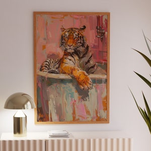 Tiger Poster, Dopamine Decor, Preppy Wall Art, Trendy Decor, Maximalist decor, Bathroom Wall Art, Tiger In a Bath, Fine Art Print