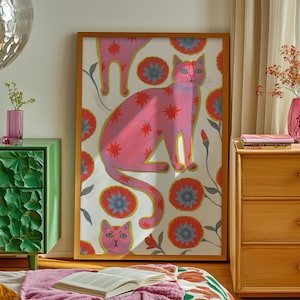 Arte murale, stampa di gatto rosa, poster di animali colorati e audaci, decorazione floreale retrò per cucina, camera da letto, cameretta dei bambini, soggiorno, regalo originale.